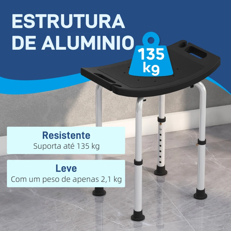 HOMCOM Banco de Duche com Altura Ajustável em 8 Posições com Base de Borracha Antiderrapante 50x36x39,5-56,5 cm Preto