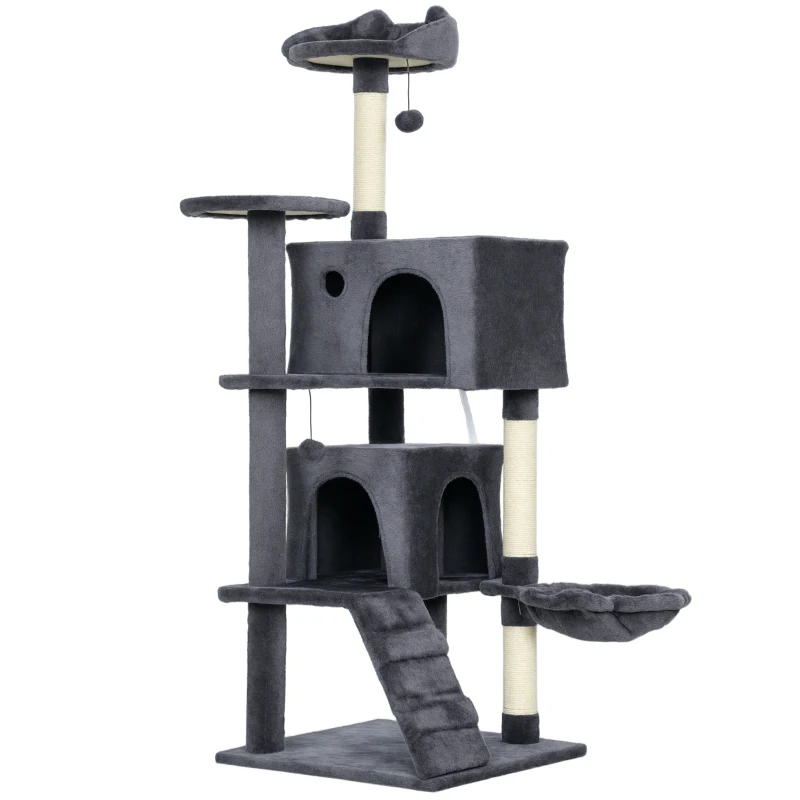 PawHut Albero per Gatti Alto 140 cm con 2 Casette, Lettino e Amaca per 2-3 Gatti, Rivestimento Peluche, Grigio