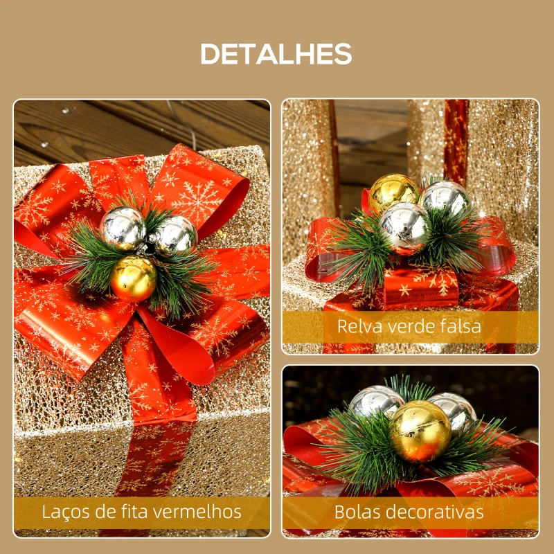 Outsunny Conjunto de 3 Caixas de Presente de Natal com 58 LEDs Branco Quente Enfeites Luminosos para a Árvore de Natal Dourado