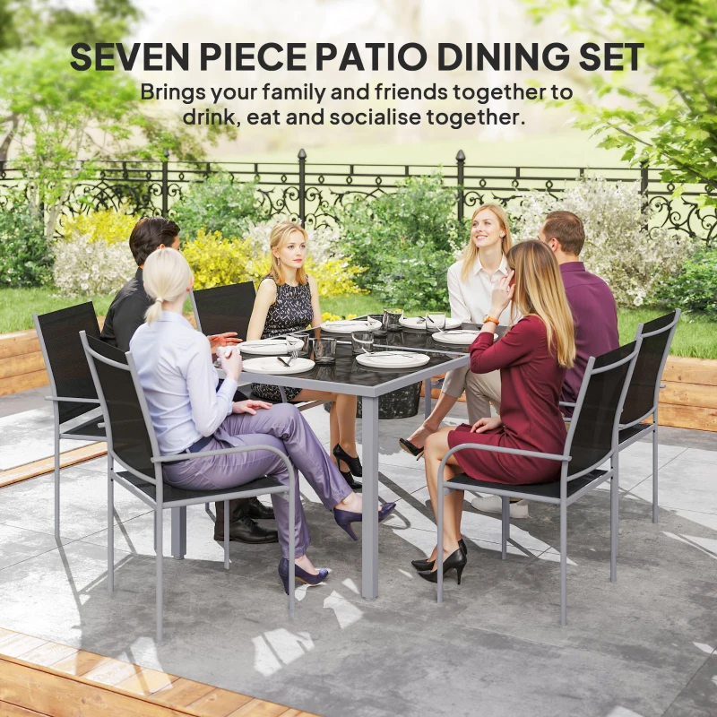 Outsunny 7 Piece Outdoor Garden Dining Set with Table and 6 Stackable Chairs, Steel Frame, Tempered Glass Top, Mesh Seats, Black