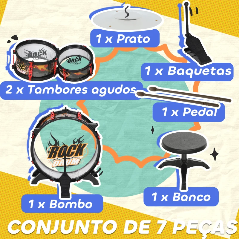 AIYAPLAY Bateria para Crianças com Banco Tambores, Bumbo Prato e Baquetas para Iniciantes 59,5x31,5x59 cm Preto