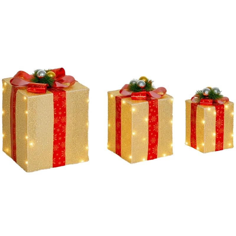 Outsunny Conjunto de 3 Caixas de Presente de Natal com 58 LEDs Branco Quente Enfeites Luminosos para a Árvore de Natal Dourado