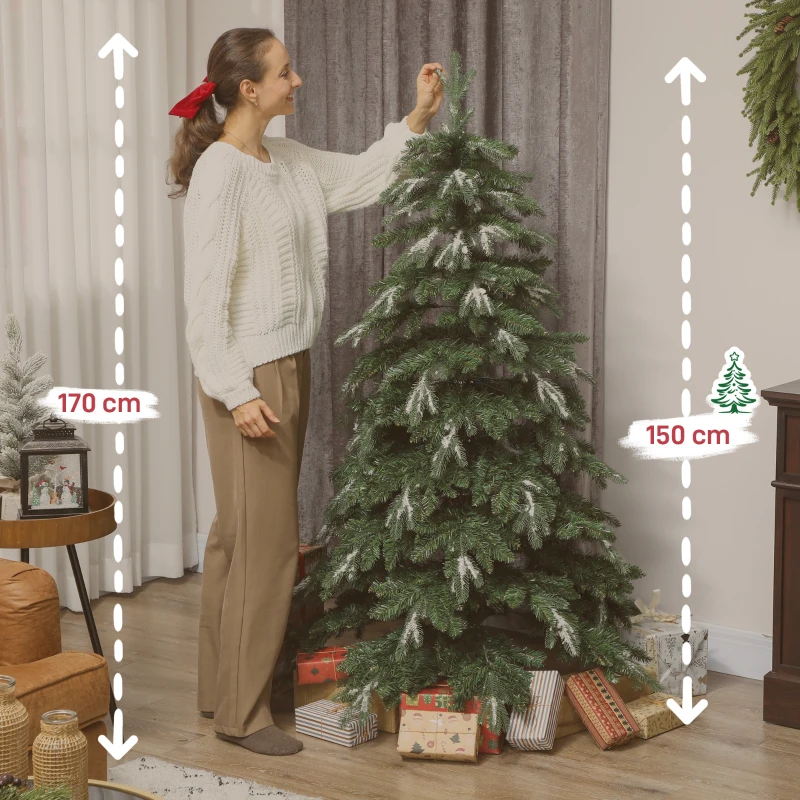 HOMCOM Árvore de Natal Artificial 150 cm Ramos Realistas com Efeito Neve Árvore de Natal com Suporte em Aço Base Dobrável Verde