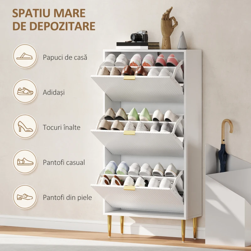HOMCOM Dulap de pantofi pentru 18 perechi de pantofi cu 3 sertare rabatabile Alb
