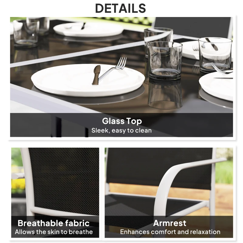 Outsunny 7 Piece Outdoor Garden Dining Set with Table and 6 Stackable Chairs, Steel Frame, Tempered Glass Top, Mesh Seats, Black