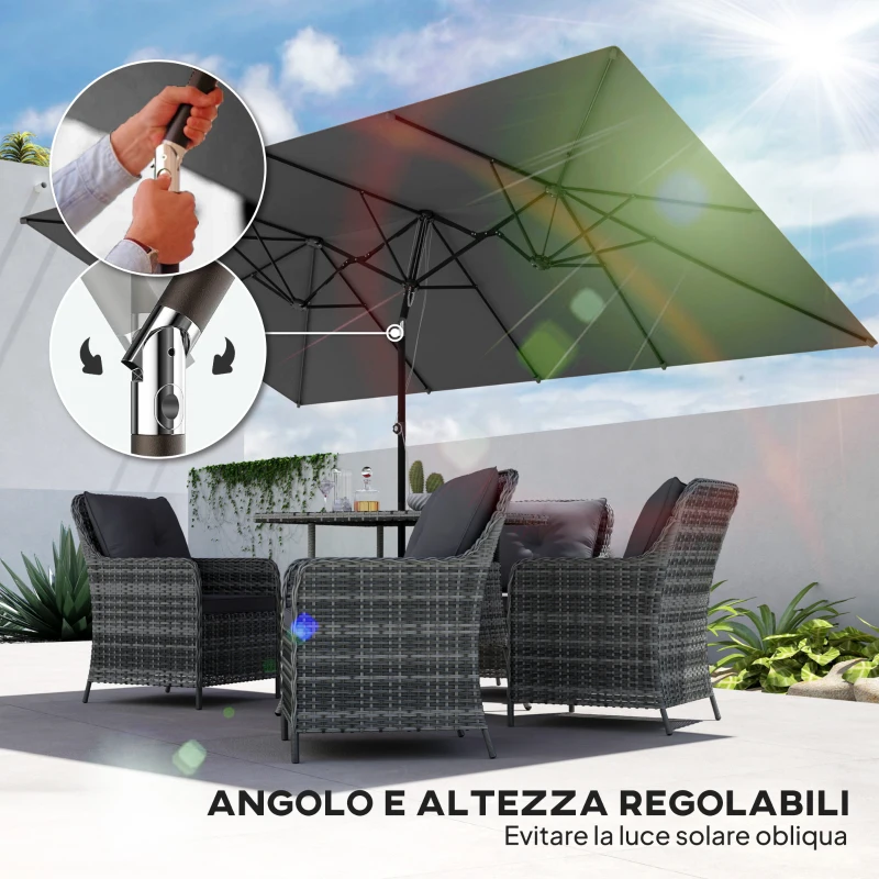 Outsunny Ombrellone Doppio Inclinabile e Regolabile con Cordicella, in Poliestere e Metallo, 150x295x170-214 cm, Grigio