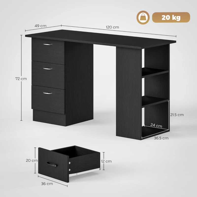 HOMCOM Scrivania PC con 3 Ripiani e 3 Cassetti per Camera e Ufficio, in Legno MDF, 120x49x72 cm, Nera