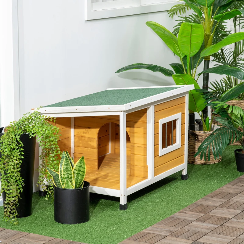 PawHut Caseta para Perros de Madera Casa para Mascotas Refugio para Perros con Techo Asfáltico 85,5x62x60 cm Natural