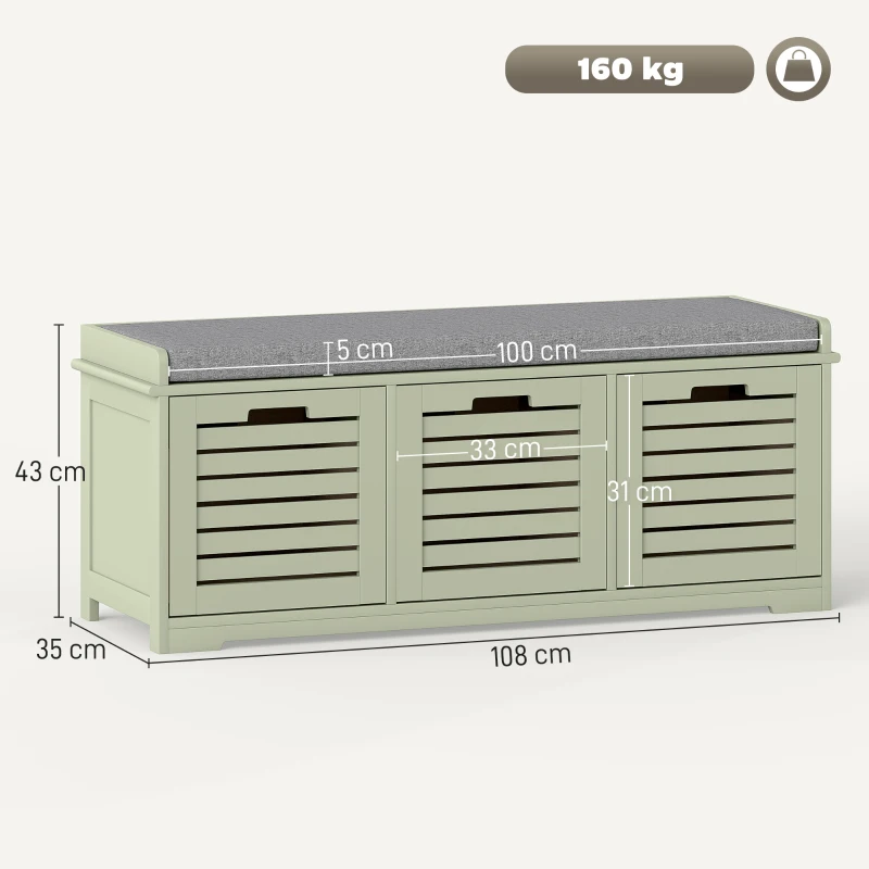 HOMCOM 3-Drawer Shoe Storage Bench - Green