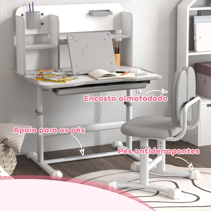 AIYAPLAY Conjunto de Secretária e Cadeira para Crianças Secretária Infantil Altura Ajustável 80x55x107,5 cm Cinza