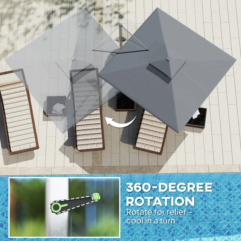 Outsunny 3(m) Garden Cantilever Parasol with Solar LED Lights, Cross Base, 360° Rotation, Crank Handle and Tilt, Grey