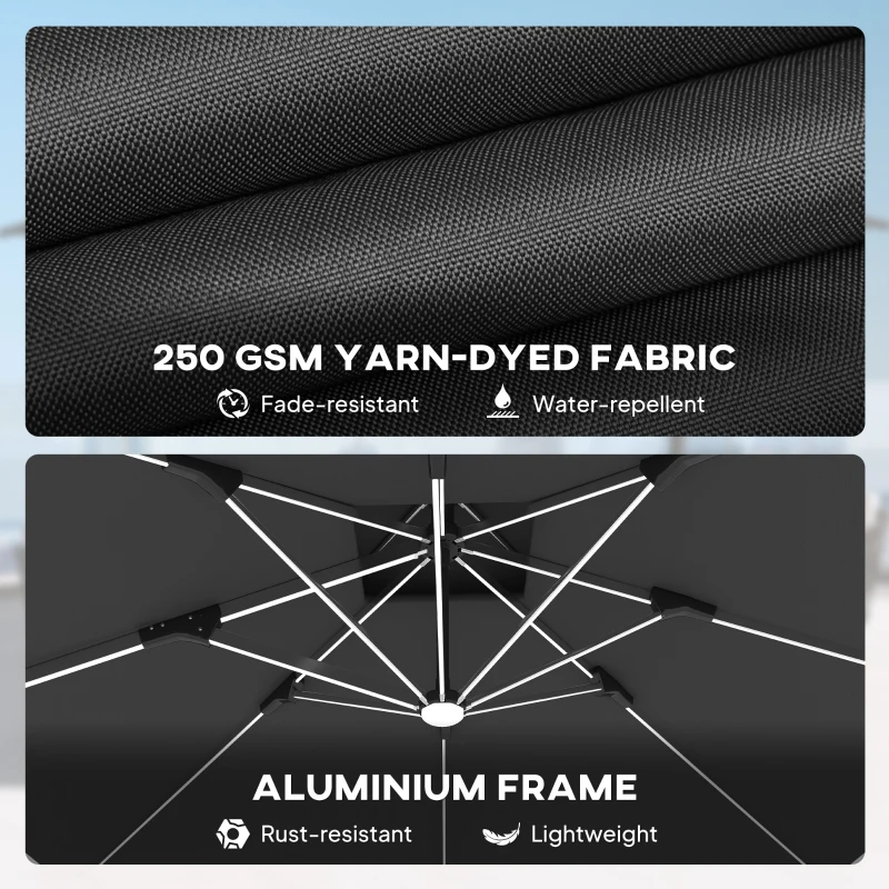 Outsunny 3(m) Garden Cantilever Parasol with Solar LED Lights, Cross Base, 360° Rotation, Crank Handle and Tilt, Grey