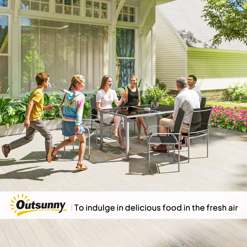 Outsunny 7 Piece Outdoor Garden Dining Set with Table and 6 Stackable Chairs, Steel Frame, Tempered Glass Top, Mesh Seats, Black
