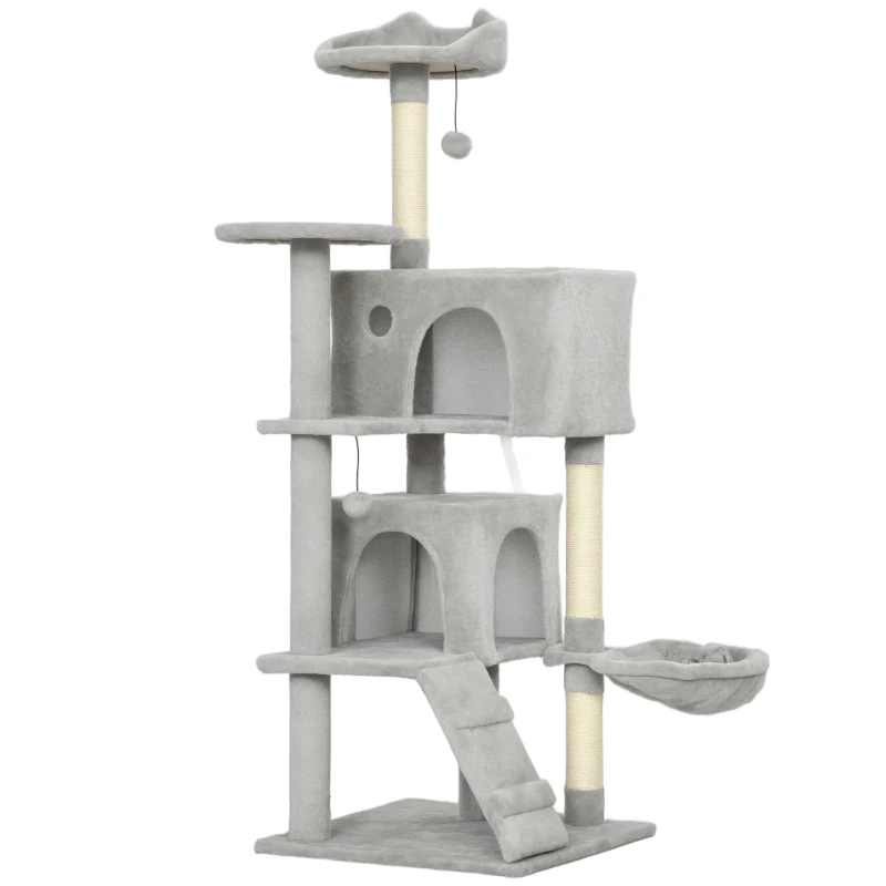 PawHut Árbol Rascador para Gatos 140 cm con Plataformas Cama 2 Cuevas Hamaca Escalera Postes de Sisal Gris Claro