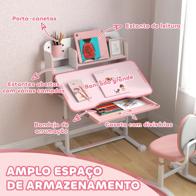 AIYAPLAY Conjunto de Secretária e Cadeira para Crianças Secretária Infantil Altura Ajustável 80x55x107,5 cm Rosa