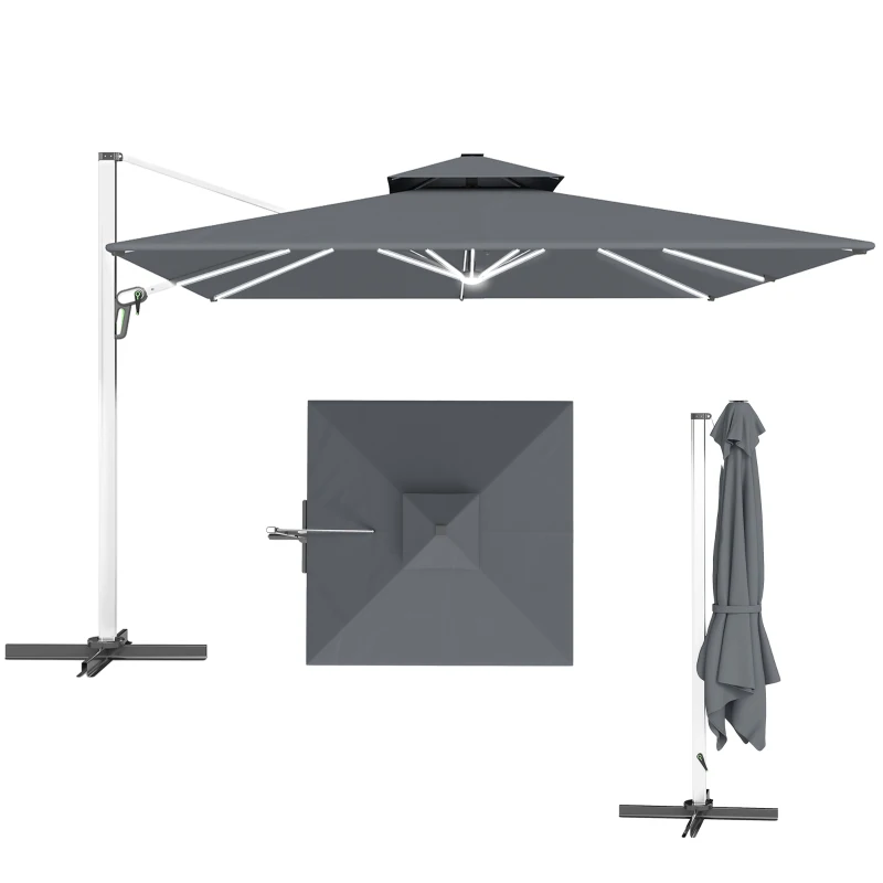 Outsunny 3(m) Garden Cantilever Parasol with Solar LED Lights, Cross Base, 360° Rotation, Crank Handle and Tilt, Grey