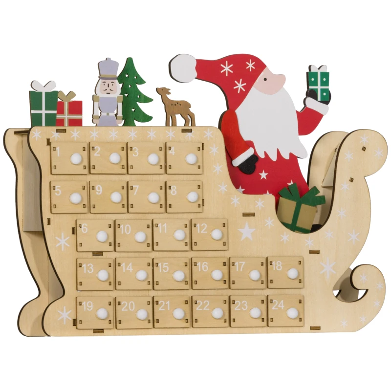 HOMCOM Calendario dell'Avvento in Legno con 24 Cassetti da Riempire, Riutilizzabile, 22,5x8x36 cm Legno Naturale