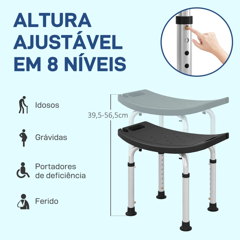 HOMCOM Banco de Duche com Altura Ajustável em 8 Posições com Base de Borracha Antiderrapante 50x36x39,5-56,5 cm Preto