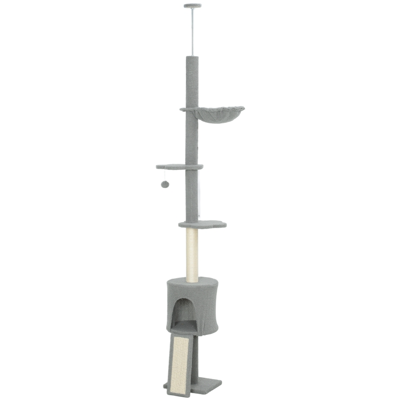 PawHut Arbre à Chat Sol-Plafond Hauteur Réglable 220-240cm avec Hamac Plateformes en Fleur Maisonnette Rampe Balle Gris clair