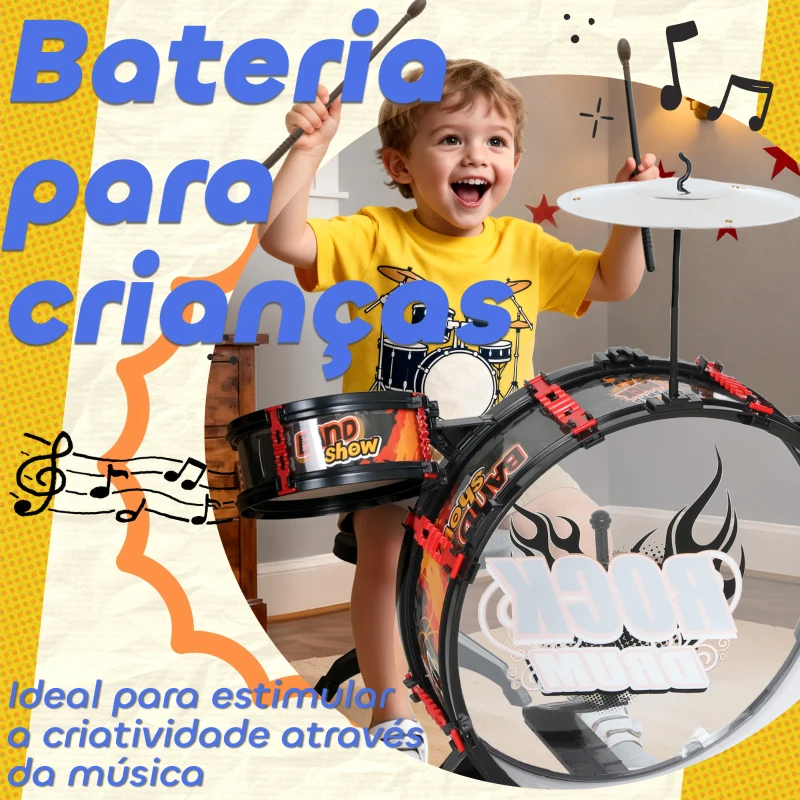 AIYAPLAY Bateria para Crianças com Banco Tambores, Bumbo Prato e Baquetas para Iniciantes 59,5x31,5x59 cm Preto