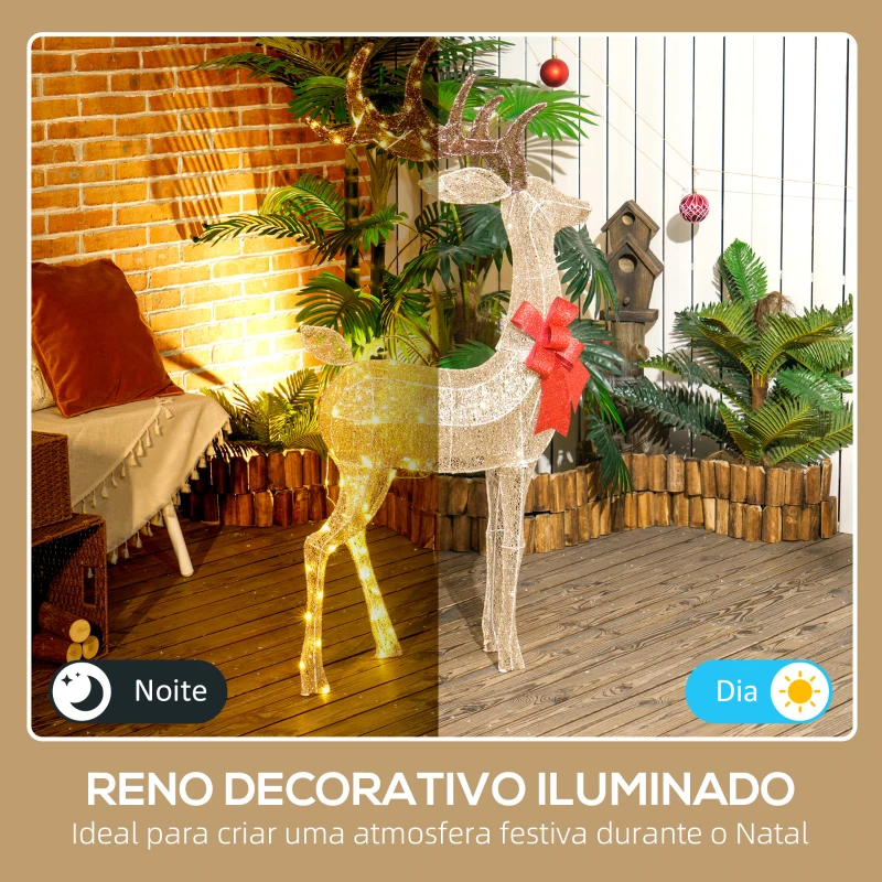 Outsunny Reno Luminoso de Natal Decoração de Natal com 137 LEDs Branco Quente Iluminação Natalícia 66x25x135 cm Dourado