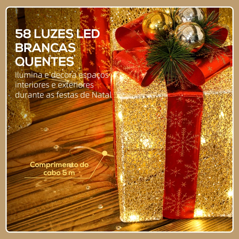 Outsunny Conjunto de 3 Caixas de Presente de Natal com 58 LEDs Branco Quente Enfeites Luminosos para a Árvore de Natal Dourado