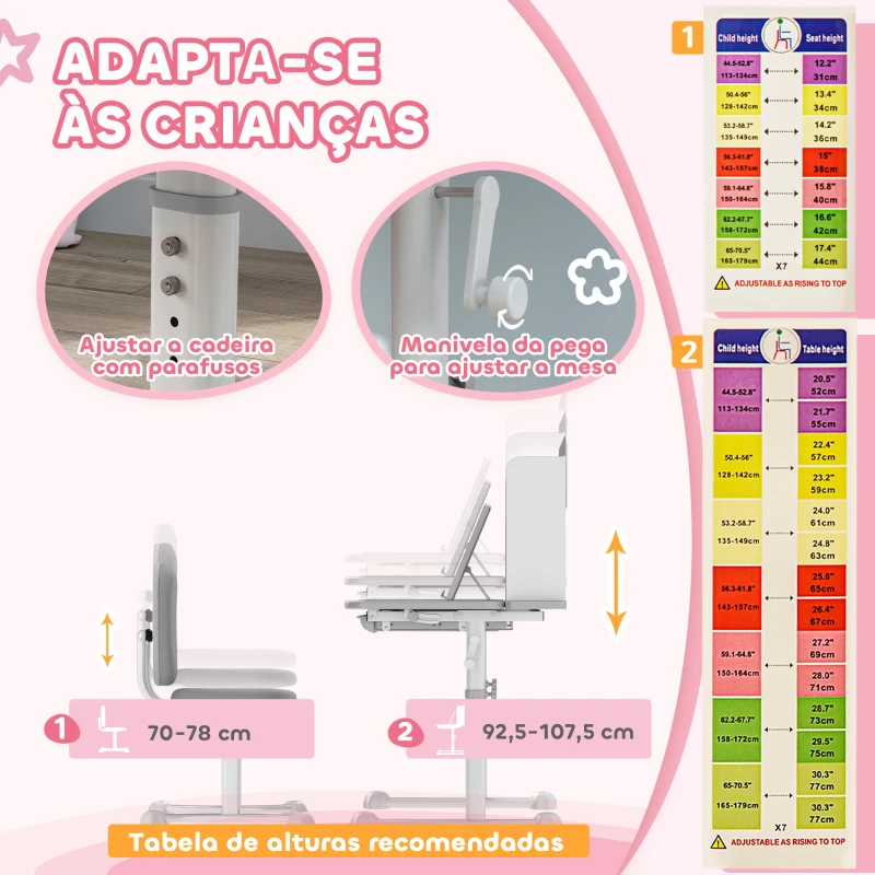 AIYAPLAY Conjunto de Secretária e Cadeira para Crianças Secretária Infantil Altura Ajustável 80x55x107,5 cm Cinza