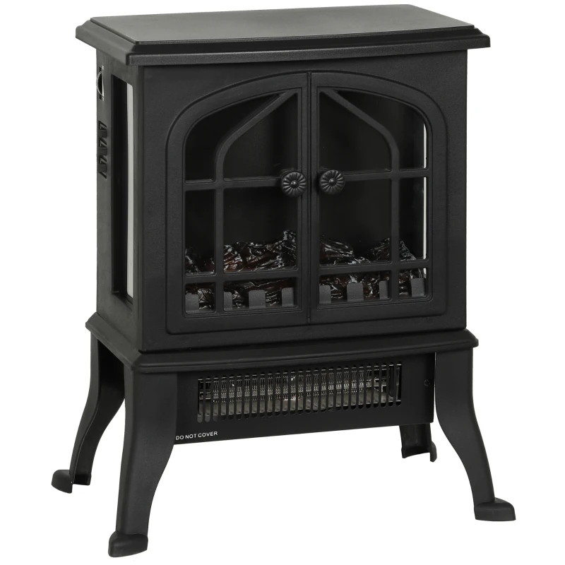 HOMCOM Camino elettrico con effetto fiamma 3D, 1800/900 W, termostato regolabile, 39x24x48cm, Nero