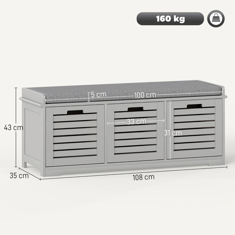 HOMCOM 3-Drawer Shoe Storage Bench - Grey