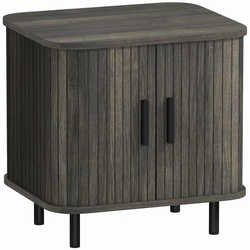 HOMCOM Bedside Table, Nordic Side Table with Roller Shutter Style Sliding Doors and Metal Legs for Bedroom, Living Room, Grey