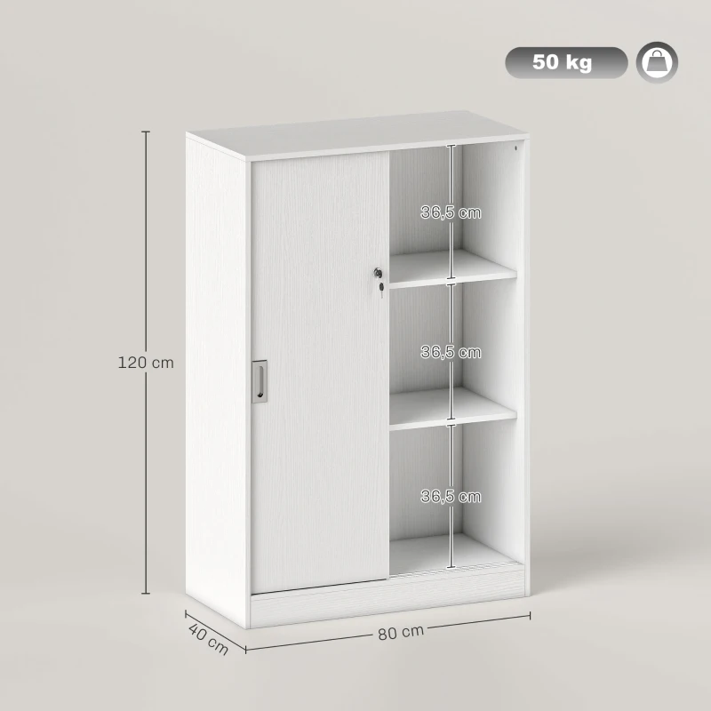 HOMCOM Armario de Oficina Práctico con 2 Puertas Correderas Llaves y 3 Estantes para Despacho Estudio 80x40x120 cm Blanco