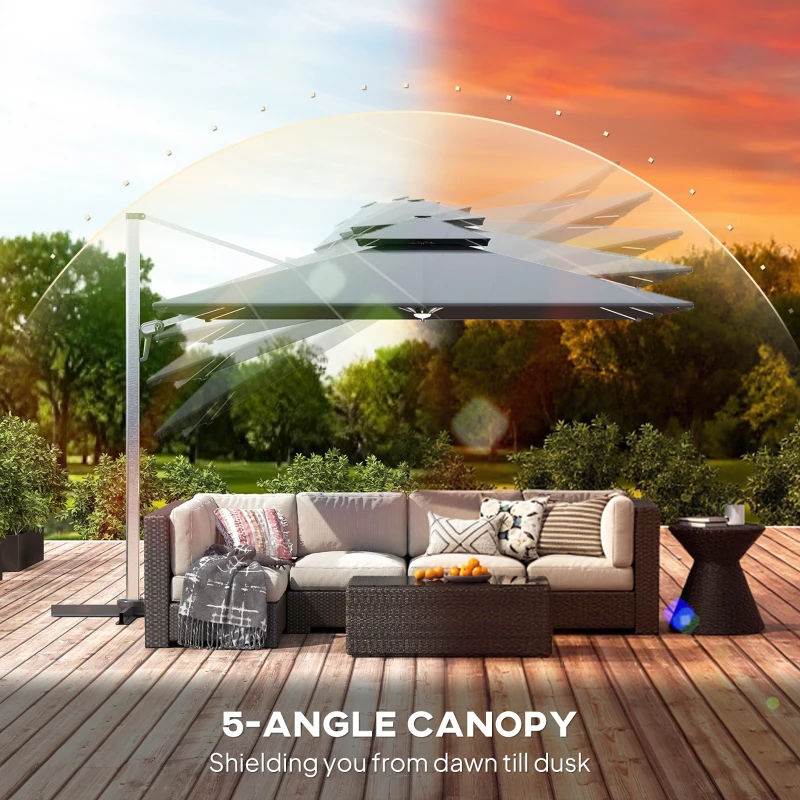 Outsunny 3(m) Garden Cantilever Parasol with Solar LED Lights, Cross Base, 360° Rotation, Crank Handle and Tilt, Grey