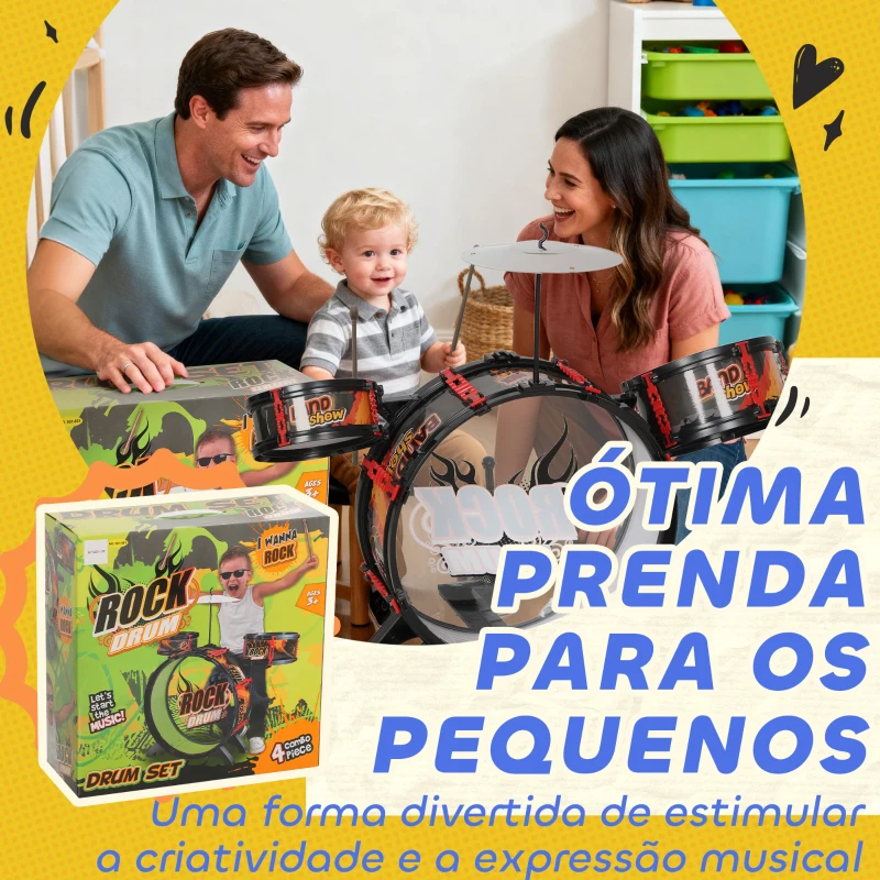 AIYAPLAY Bateria para Crianças com Banco Tambores, Bumbo Prato e Baquetas para Iniciantes 59,5x31,5x59 cm Preto