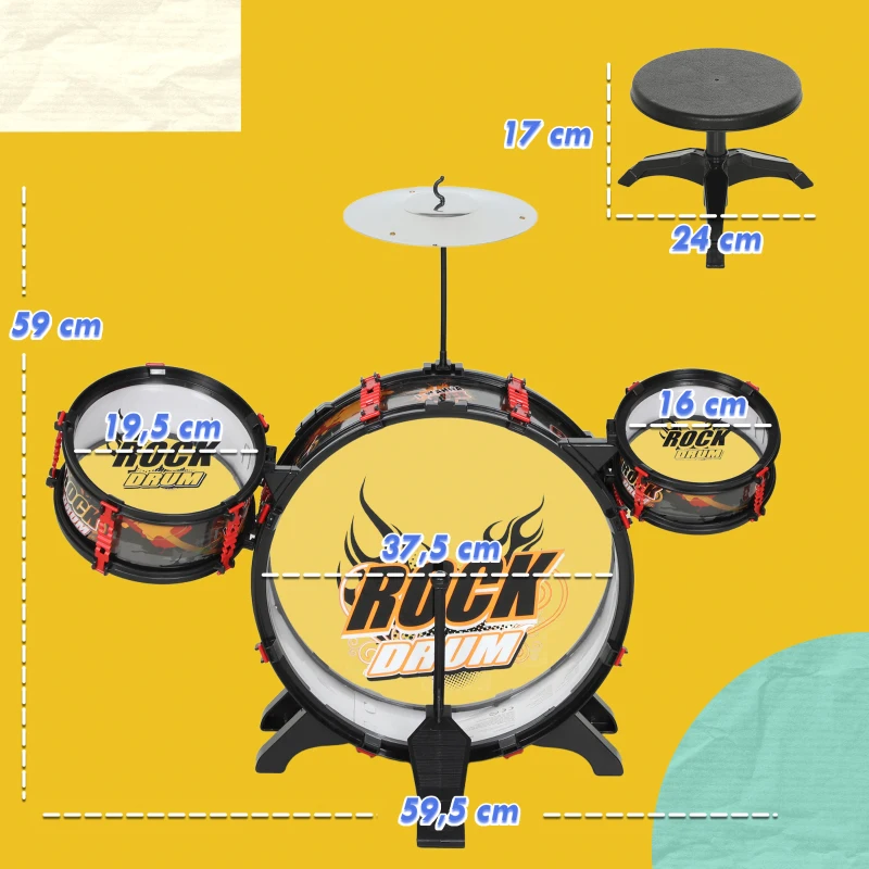 AIYAPLAY Bateria para Crianças com Banco Tambores, Bumbo Prato e Baquetas para Iniciantes 59,5x31,5x59 cm Preto