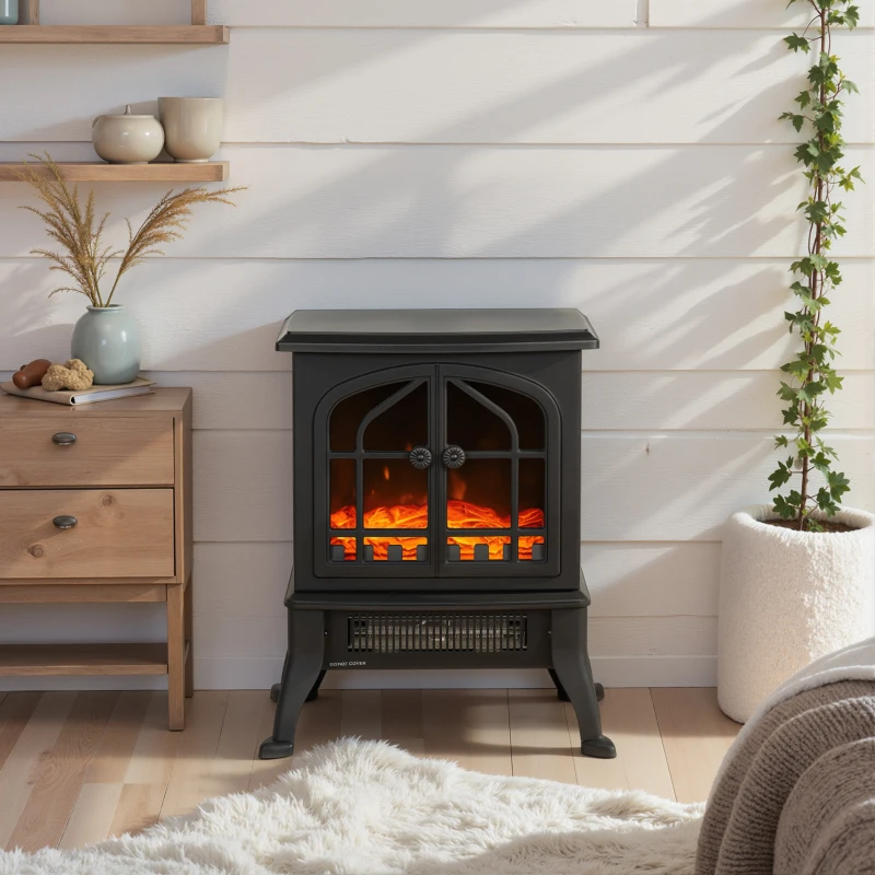 HOMCOM Elektrokamin mit 3D-Flammeneffekt, 1800/900 W, dekorativer Standkamin, einstellbarer Thermostat, 39x24x48 cm, schwarz