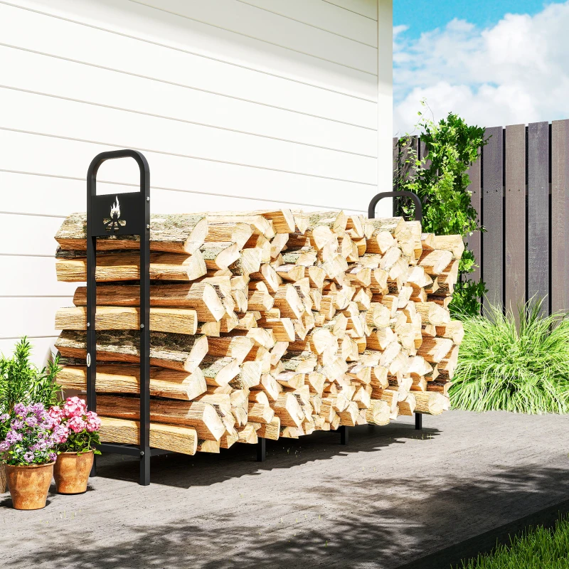 Outsunny Metallisches Außen-Holzregal für Kamin mit extra verstärkten Füßen und ausgeschnittenem Lagerfeuer-Design, Tragkraft 300 kg, schwarz