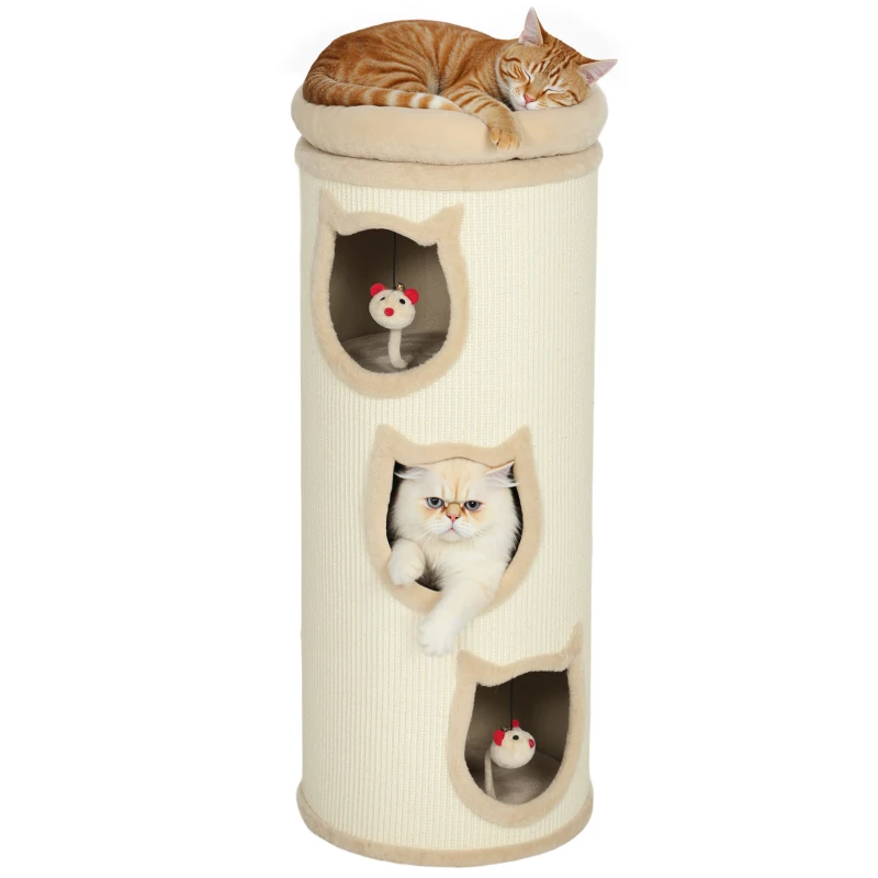 PawHut Torre rascadora 3 niveles con plataforma, estable, Ø 38 x 96 cm crema