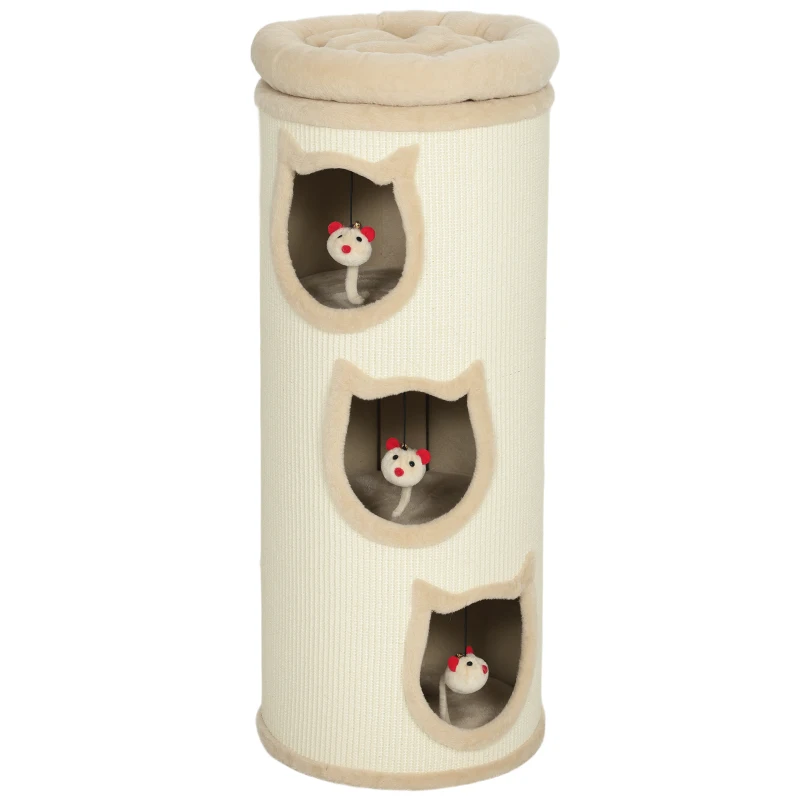 PawHut Barril rascador, torre rascadora de sisal con borde de peluche, 3 niveles con plataforma, estable, Ø 38 x 96 cm crema