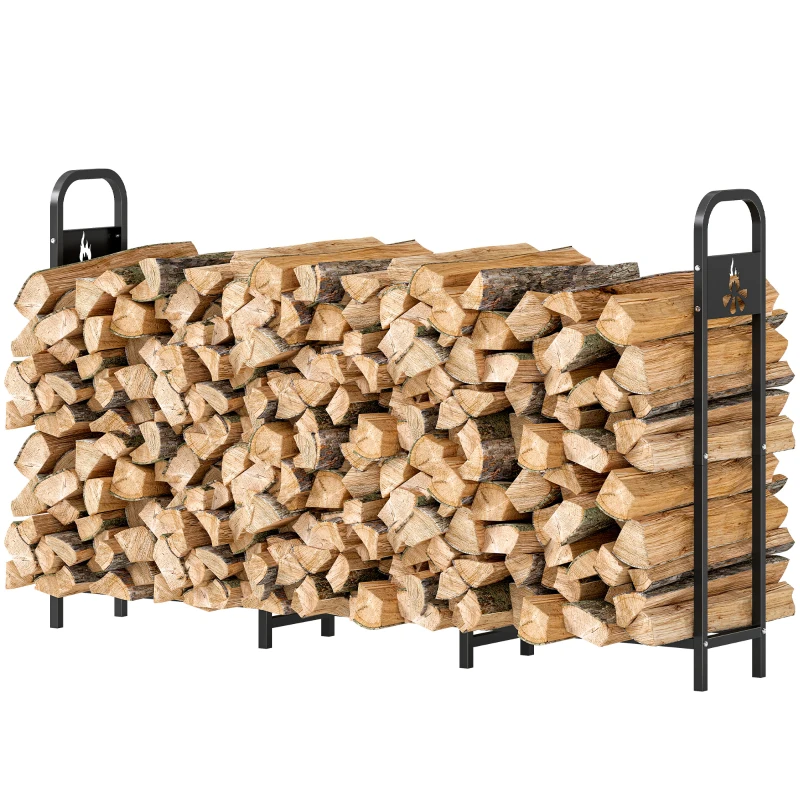 Outsunny Range-bûches extérieur métallique pour cheminée avec pieds extra renforcés et motif découpé en forme de feu Charge 300 kg Noir