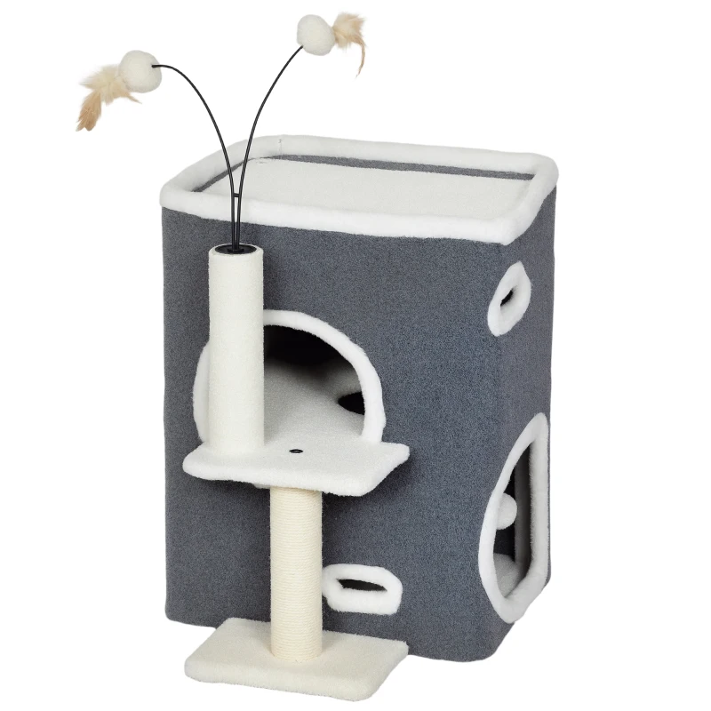 PawHut Rascador para gatos, Plataforma superior, Casa de 2 niveles, Poste de sisal, Gris