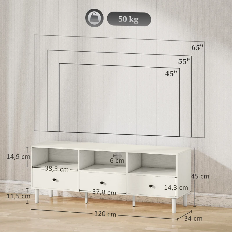 HOMCOM Móvel de TV Moderno com 3 Compartimentos Abertos 3 Gavetas para Televisão de 45/55/65 Polegadas 120x34x45 cm Branco