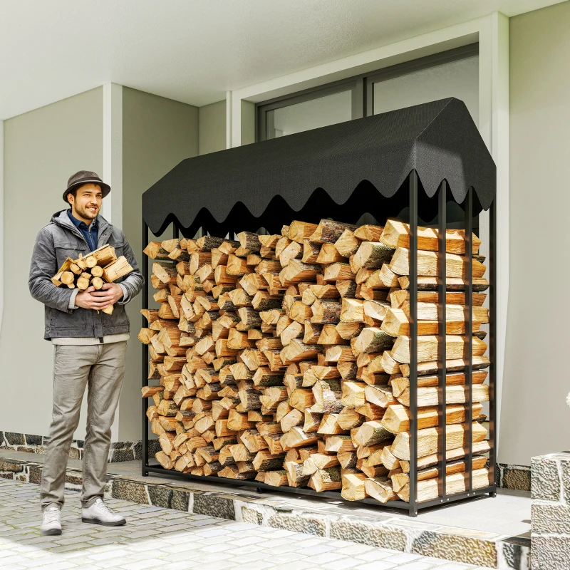Outsunny Holzlager für den Außenbereich, Brennholzregal mit 600D Oxford-Schutzabdeckung, 1,9 m³ Kapazität, Stahl 186x70x185cm, schwarz