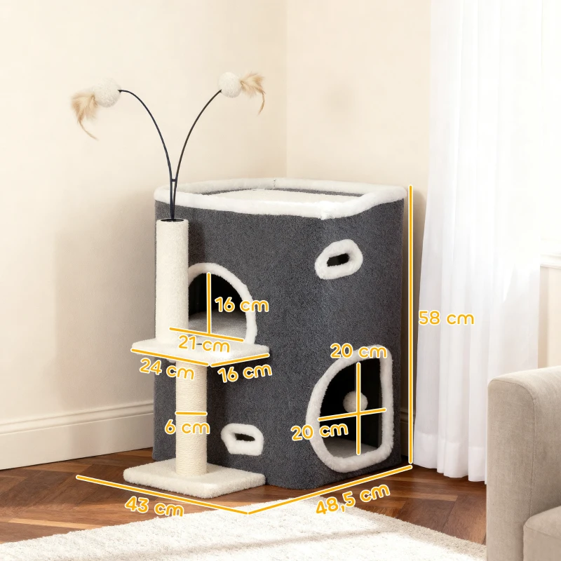 PawHut Rascador para gatos, Plataforma superior, Casa de 2 niveles, Poste de sisal, Gris