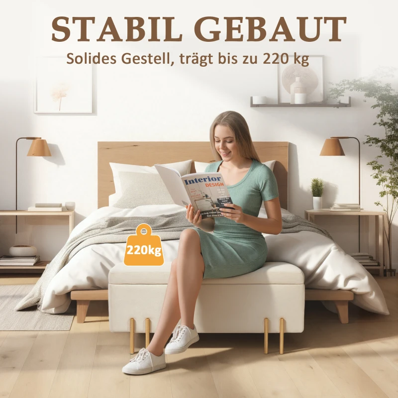 HOMCOM Polsterbank mit Stauraum, Truhenbank, Schaumstoff, Metall, Kautschukholz, 100 x 40 x 42 cm, Beige(m-7)