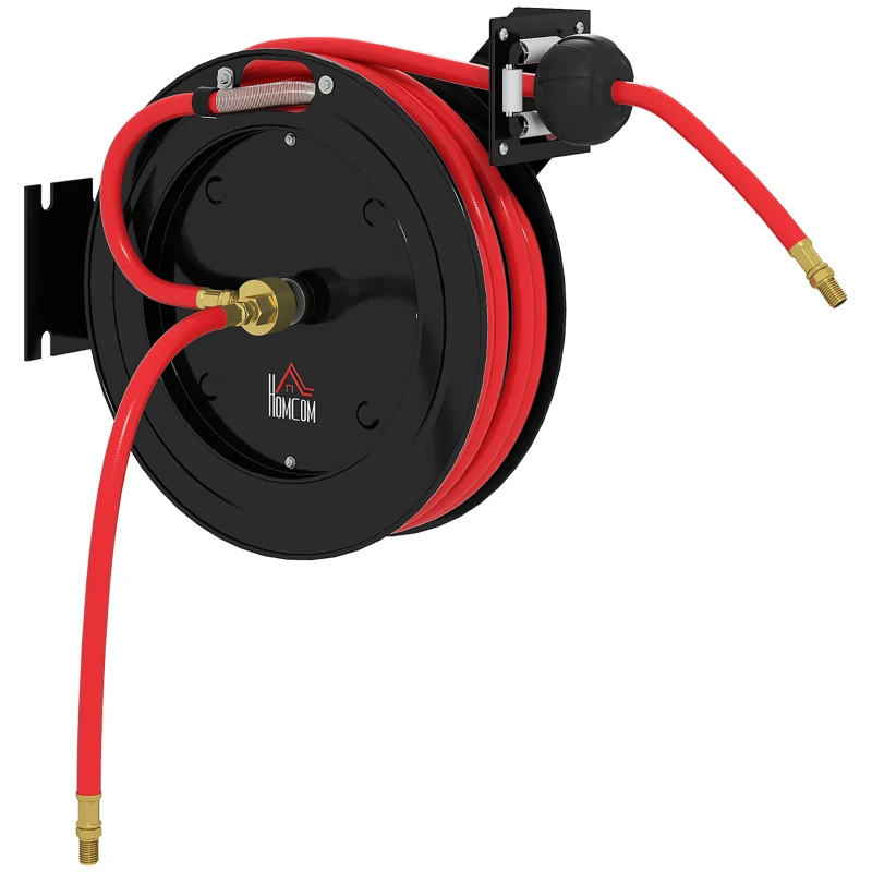 HOMCOM Enrollador de manguera de jardín para montaje en pared, retracción automática, 20 bar de presión de agua, manguera 15+1 m, metal