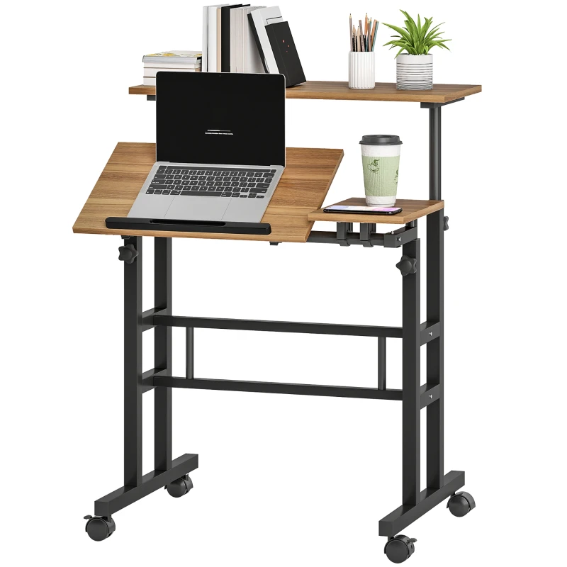 HOMCOM Bureau assis debout bureau réglable en hauteur 70 x 60 cm à roulettes avec plateau inclinable cadre en métal marron