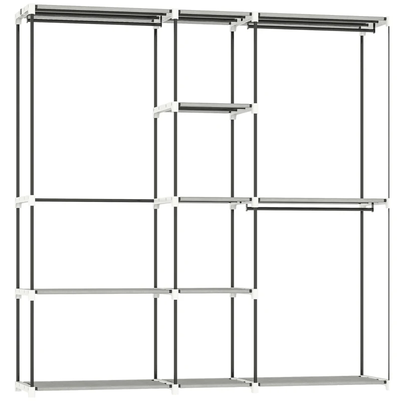 HOMCOM Armario de Ropa 182x43x185 cm Armario Abierto con 8 Estantes de Tela Barras para Colgar Marco de Metal Gris Claro