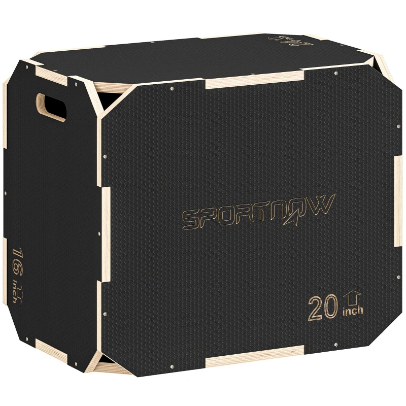 SPORTNOW 3 in 1 Wooden Plyo Box, Corner-free Non-Slip Plyometric Jump Box Step Up Platform with Handle Openings for Home Gym Exercise and Outdoor Workout, 24" x 20" x 16"