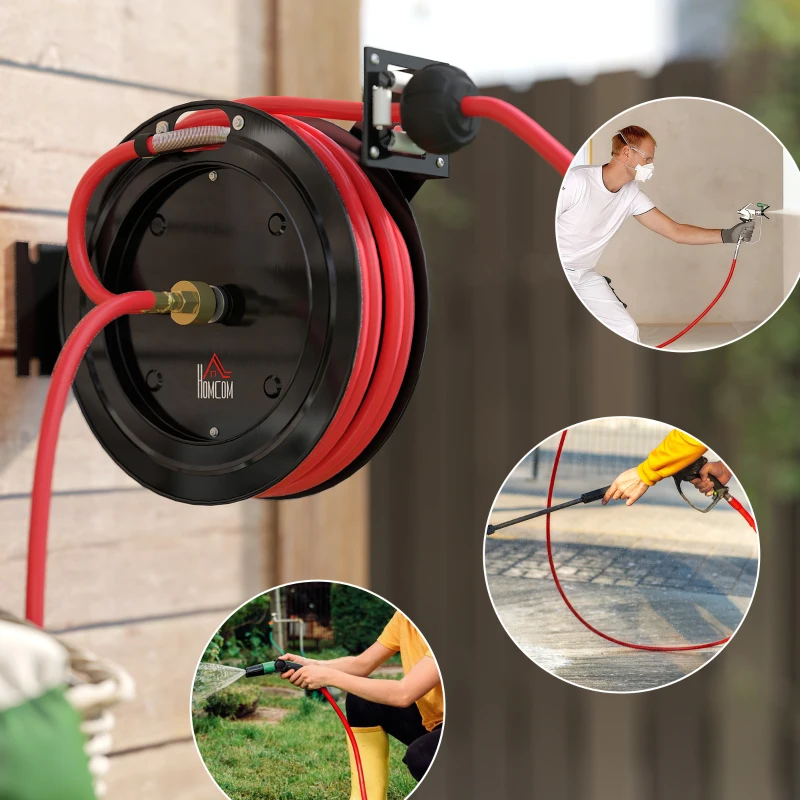 HOMCOM Wall-mounted garden hose reel, automatic retract, 20 bar water pressure, 15+1 m water hose, metal