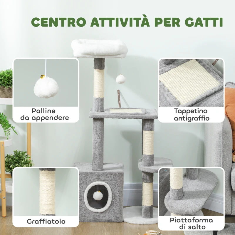 PawHut Albero Tiragraffi per Gatti con Casetta, Lettino e 2 Palline, in Legno e Peluche, 55x40x107 cm, Grigio e Bianco